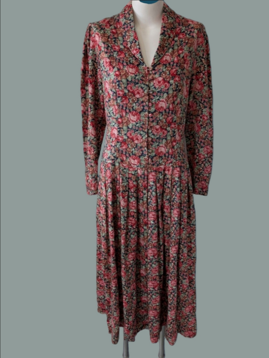 Laura Ashley Dresses & Skirts - Vintage Dress Laura Ashley Cottagecore Floral Long-Sleeve Midi  Red Rose Print